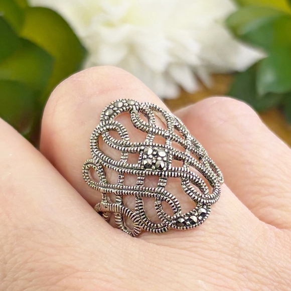 Vintage Antique Sterling Silver 925 Marcasite Ring Size 6 3/4 Chunky GUC Estate - Picture 5 of 10